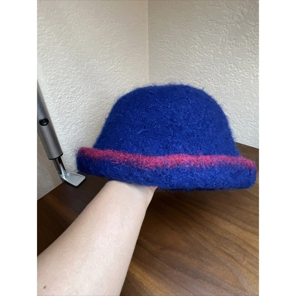 VTG Blue Tweed Wool Cloche Hat Winter Felted Wool Hat Pink Trim With Hat Pin OS